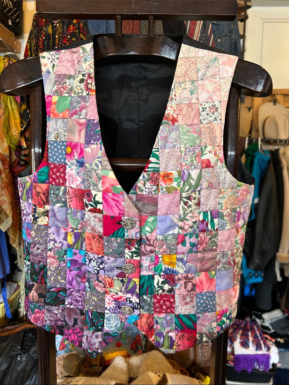 Handmade mini squared quilted Floral Patchwork Sleeveless Vest - Pink Multi